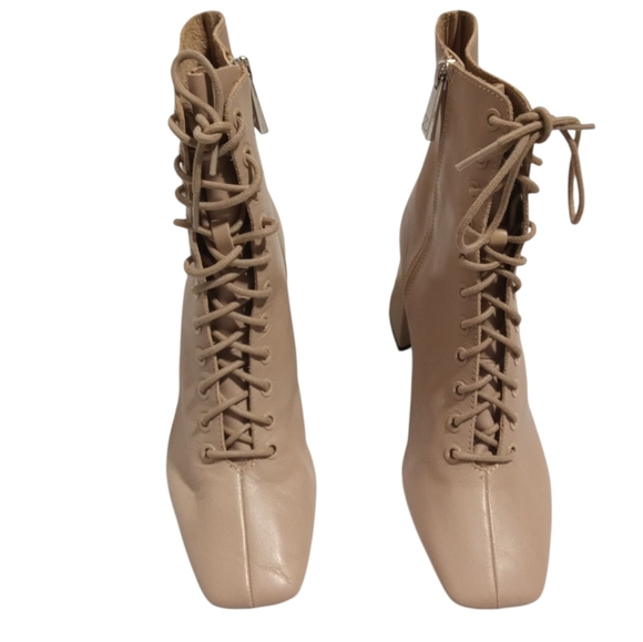 Zara Beige Square Toe Lace-Up Block Heel Ankle Boots Women’s Size 7.5 (38) - Picture 2 of 7